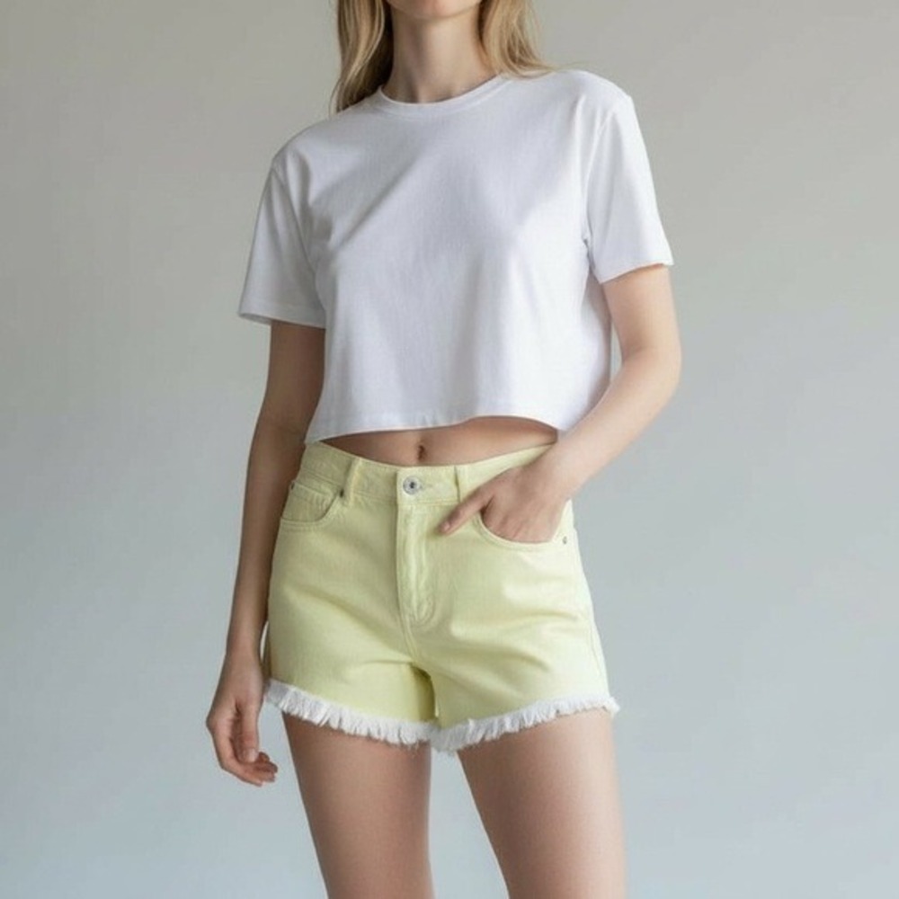 Zara‎ High Waisted Denim Shorts Size 4 Yellow Frayed Hem Summer Casual